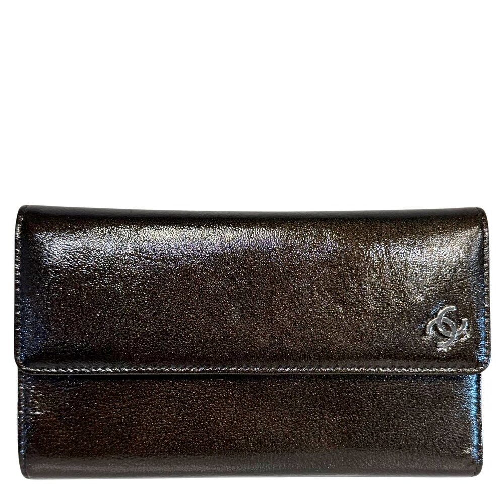 Chanel Patent Leather Brown Trifold Wallet
